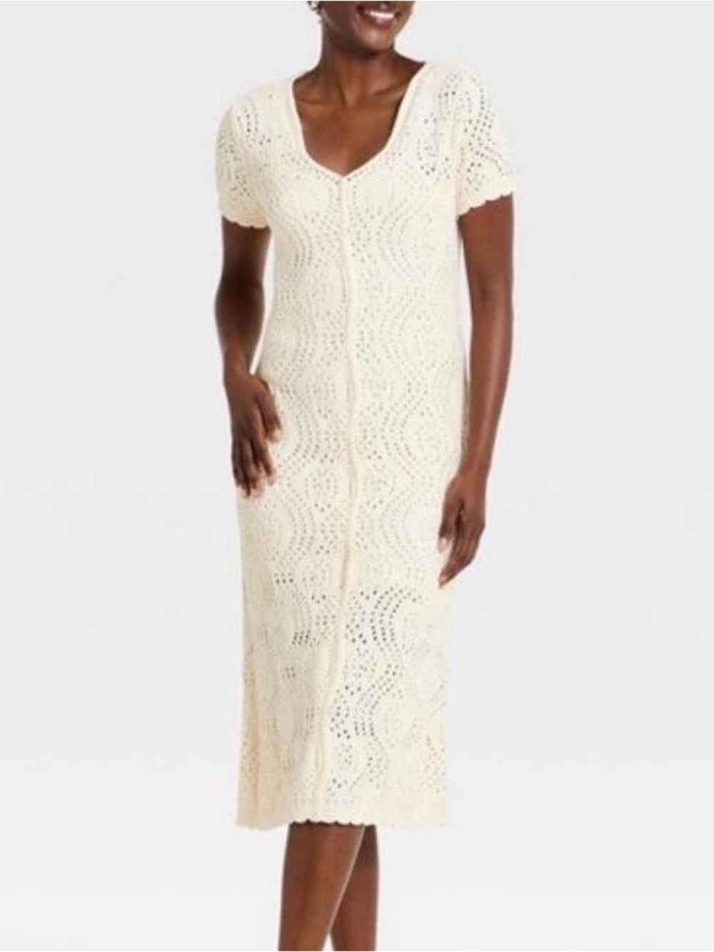 Universal Thread Beige Crochet Midi Dress with Short Sleeves